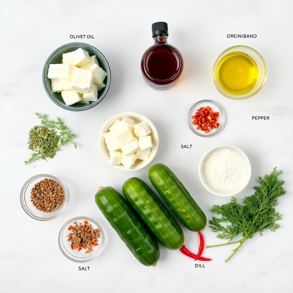Cucumber Feta Salad ingredients on a marble counter