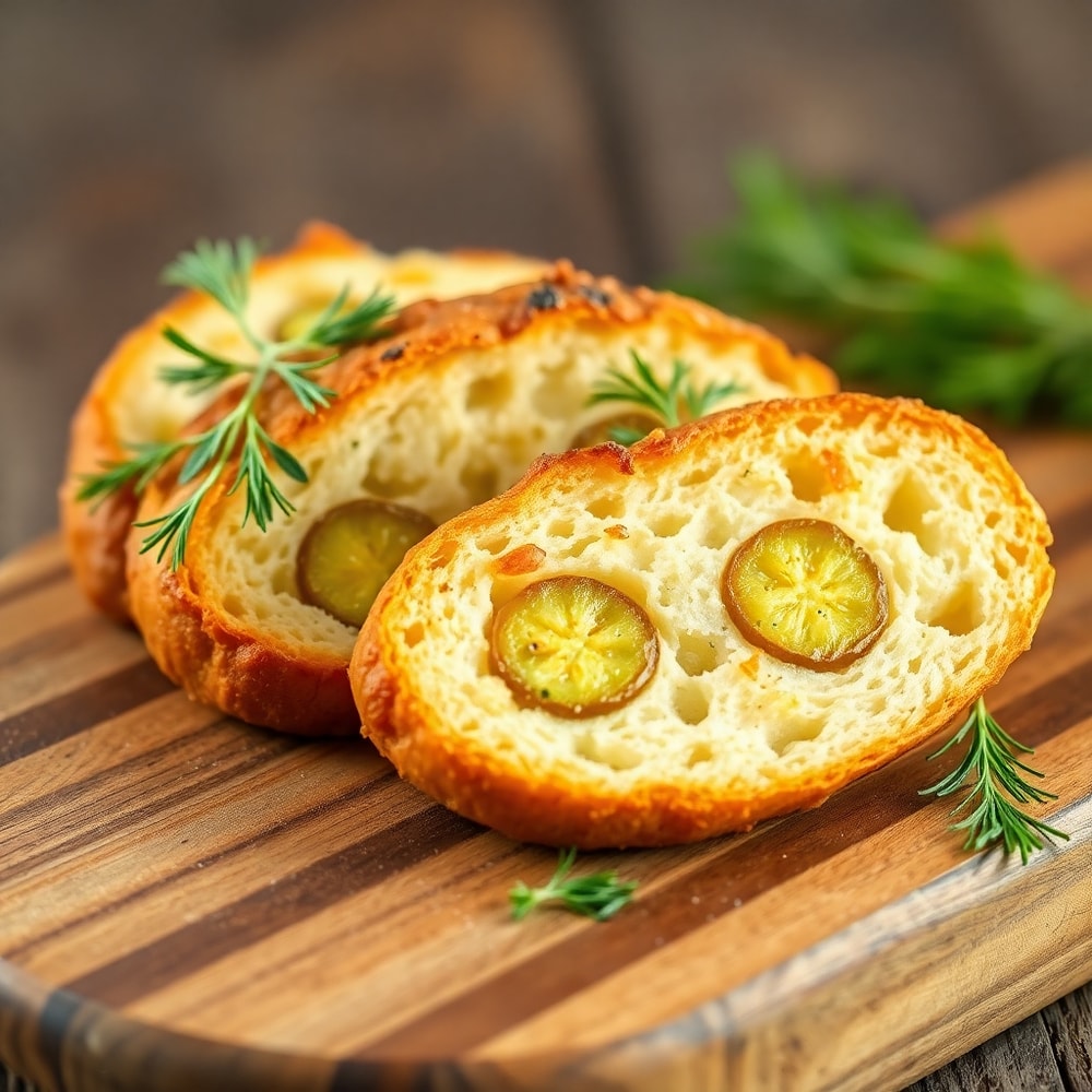 Crispy Dill Pickle Bread sliced and served on a plate