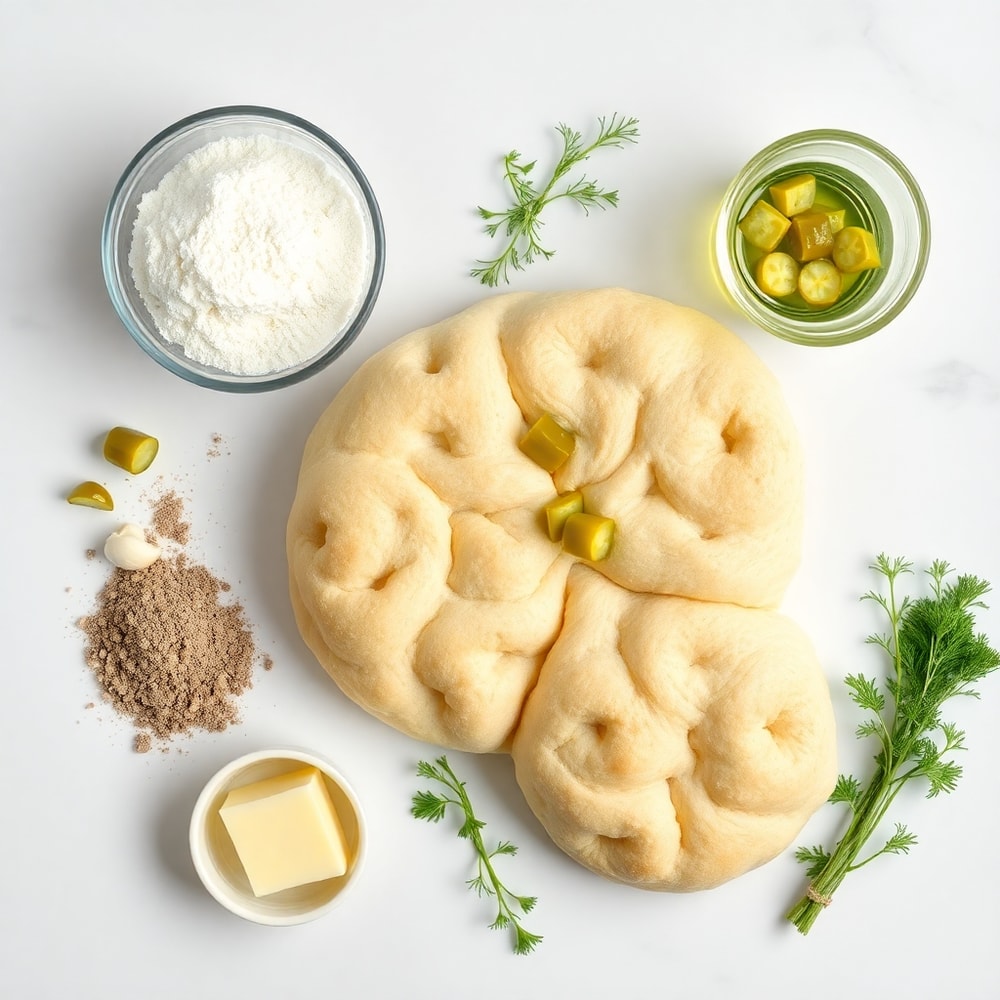 Ingredients for Dill Pickle Bread on a marble surface