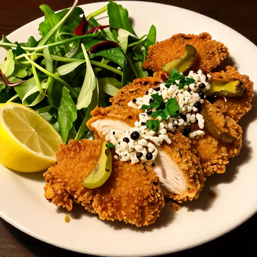 Plated Crispy Dill Pickle Parmesan Chicken with a side of green salad