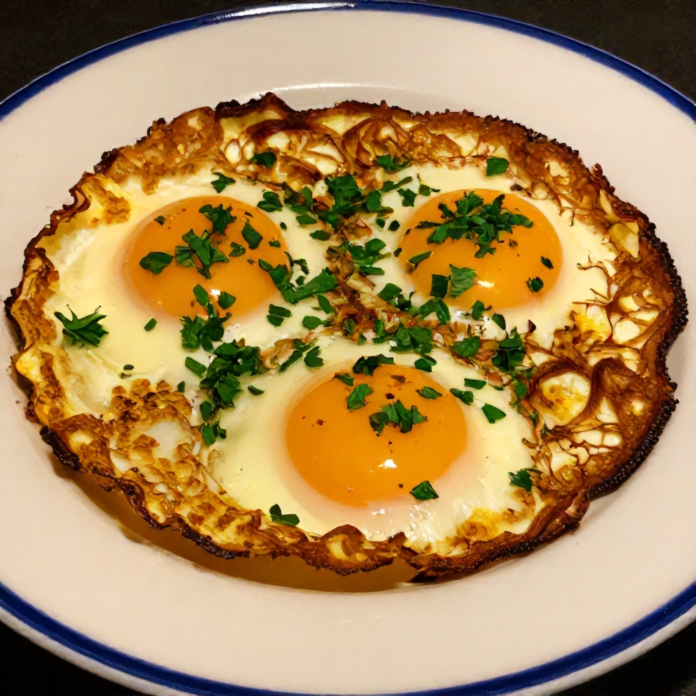 Plated crispy feta fried eggs with garnish