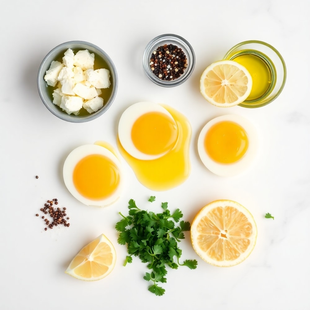 Raw ingredients for crispy feta fried eggs