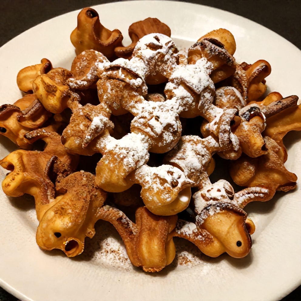 Funnel cake bites dusted with powdered sugar