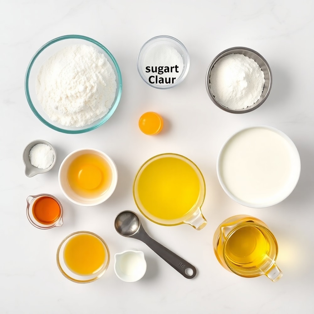 Funnel cake bites ingredients on a marble counter