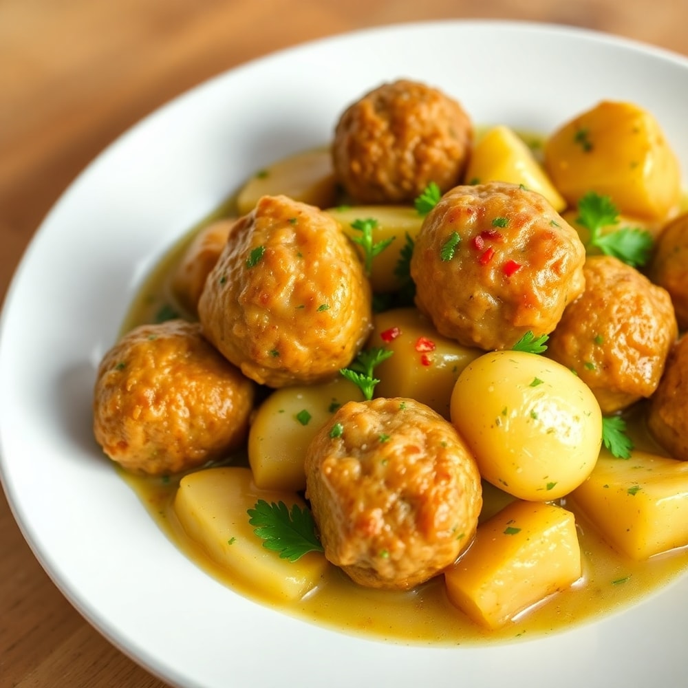 Plated Garlic Butter One-Pan Meatballs and Potatoes