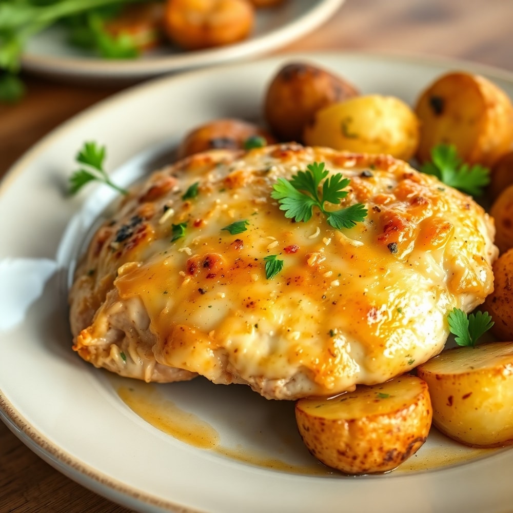 Plated Garlic Parmesan Chicken and Potatoes