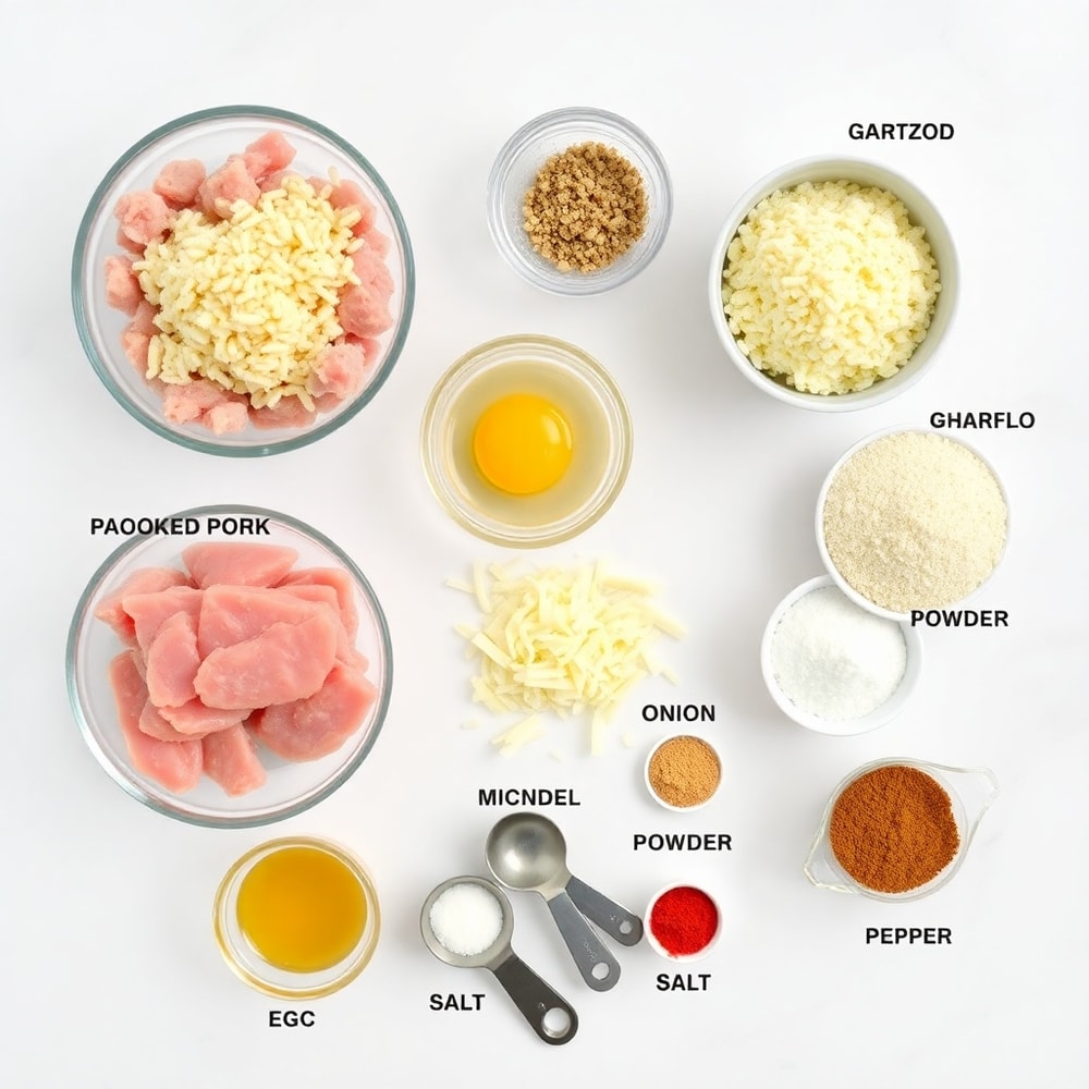 Raw ingredients for Crispy Garlic Pork Bites on a white marble surface