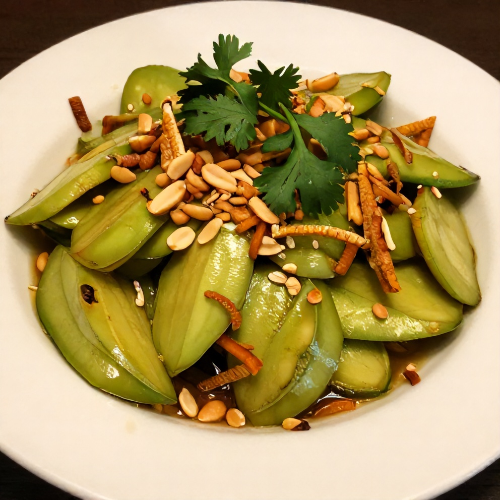 Plated Green Thai Mango Salad with crispy shallots and peanuts