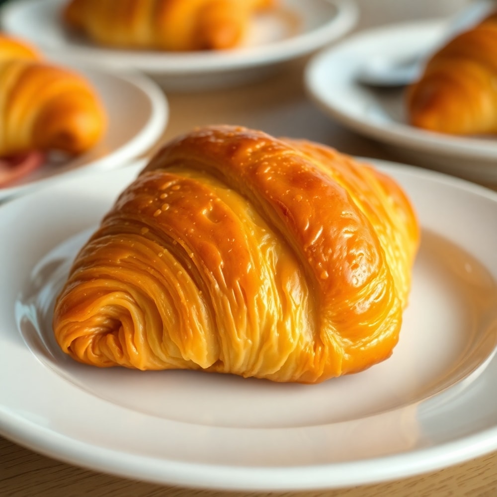 Plated ham and cheese croissant on a white plate