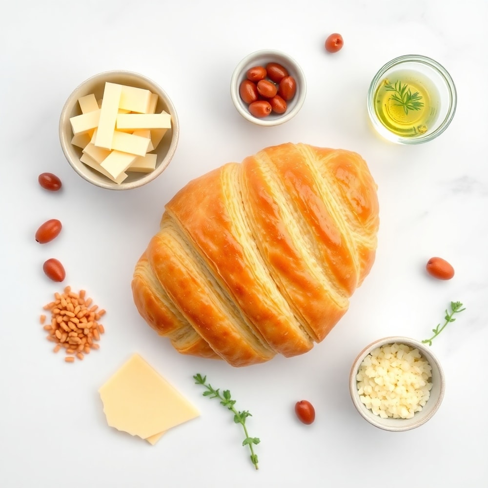 Ham, cheese, croissant dough, and other ingredients for ham and cheese croissant