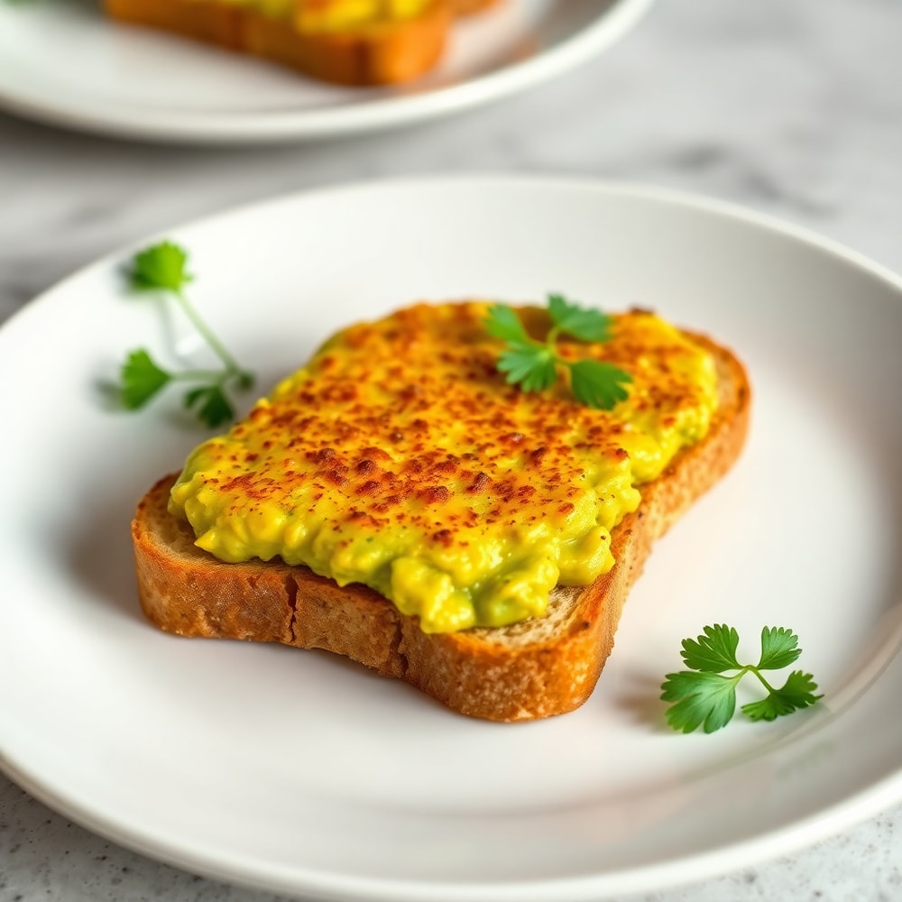 Plated hash brown avocado toast with a runny egg