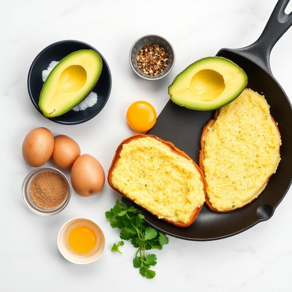Raw ingredients for hash brown avocado toast on a marble surface