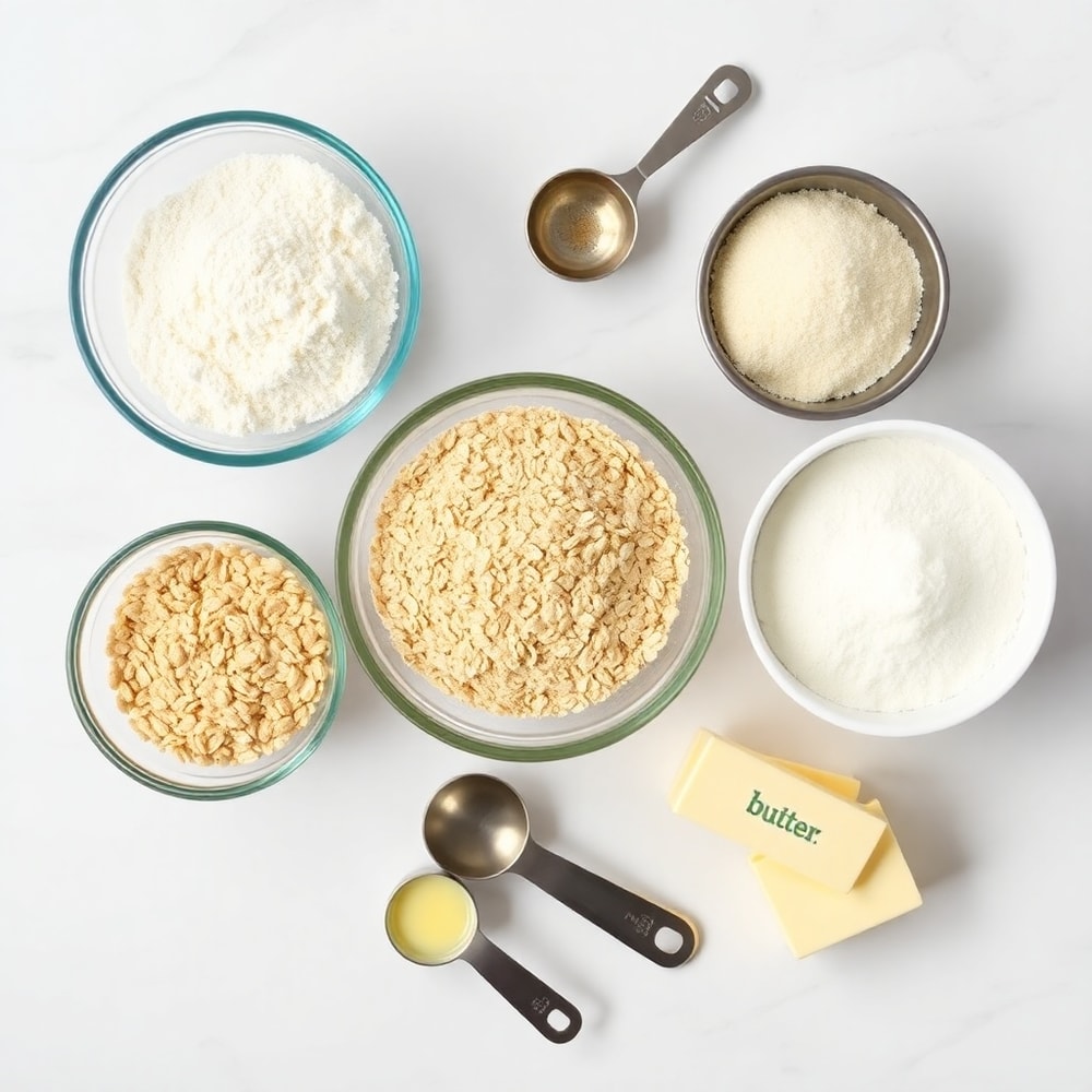 Raw ingredients for homemade oatmeal cream pies on a marble surface