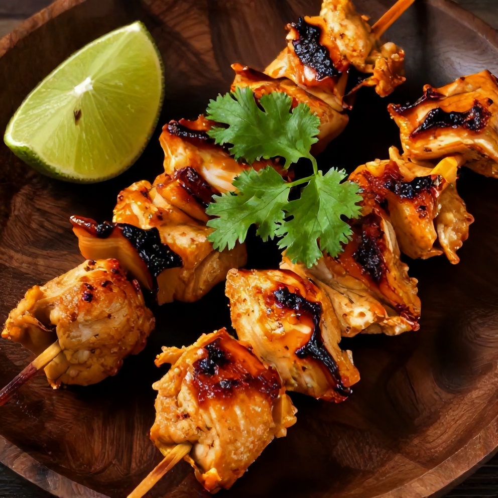 Honey Chipotle Chicken Skewers on a plate with a side of rice