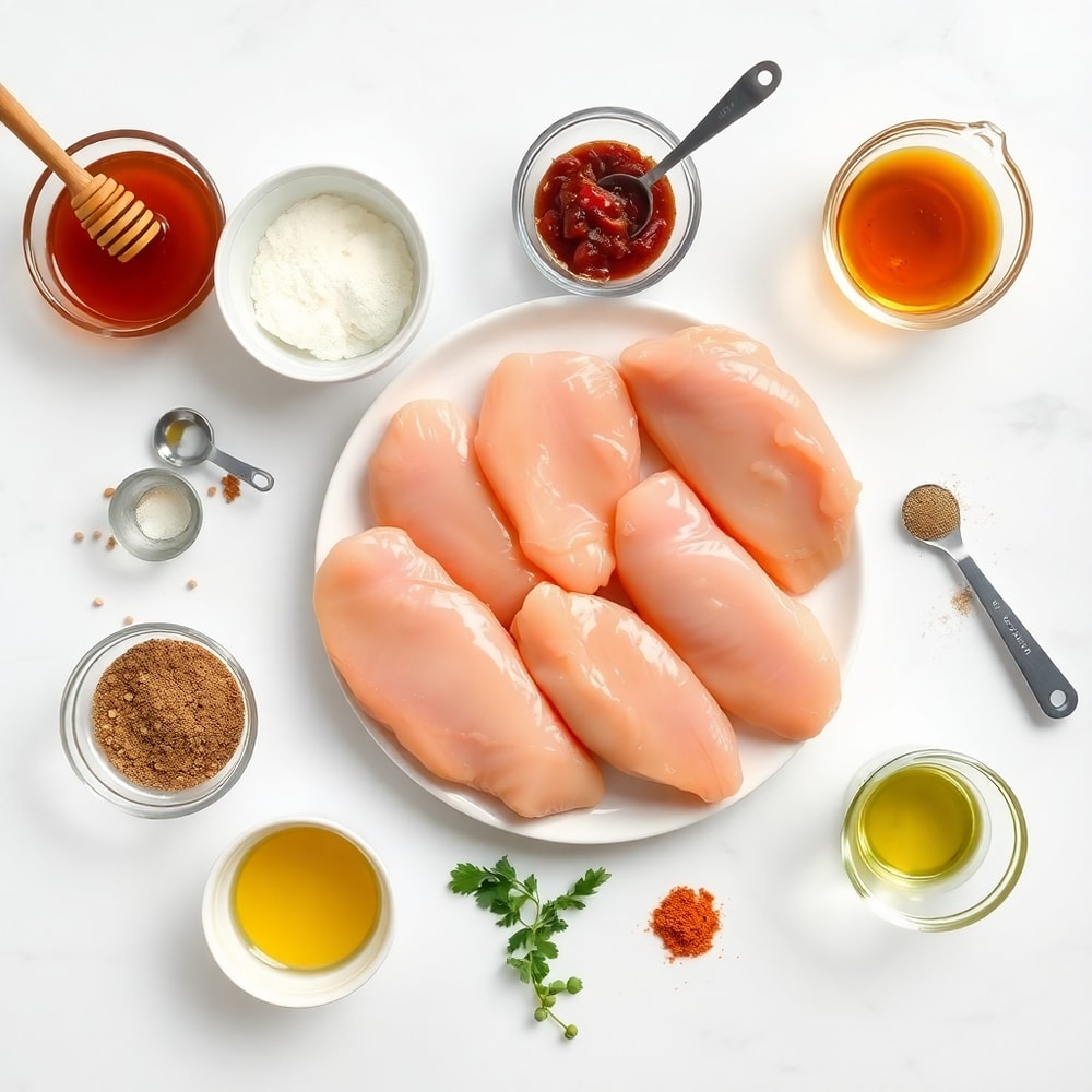 Raw ingredients for Honey Chipotle Chicken Skewers on a marble surface