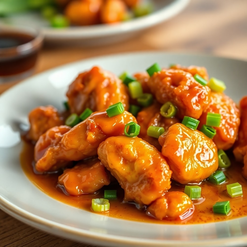Plated Crispy Honey Garlic Chicken with green onions