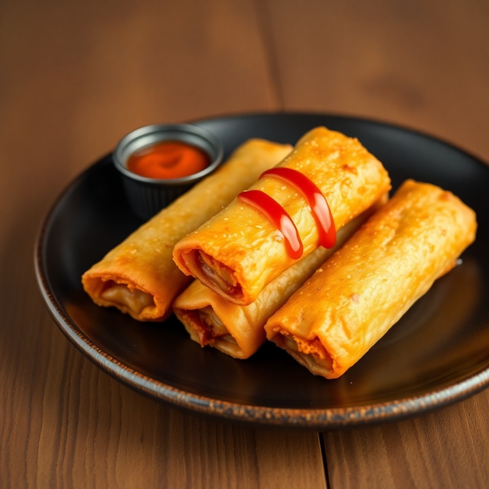 Jalapeño Popper Egg Rolls on a plate with a side of sweet chili sauce