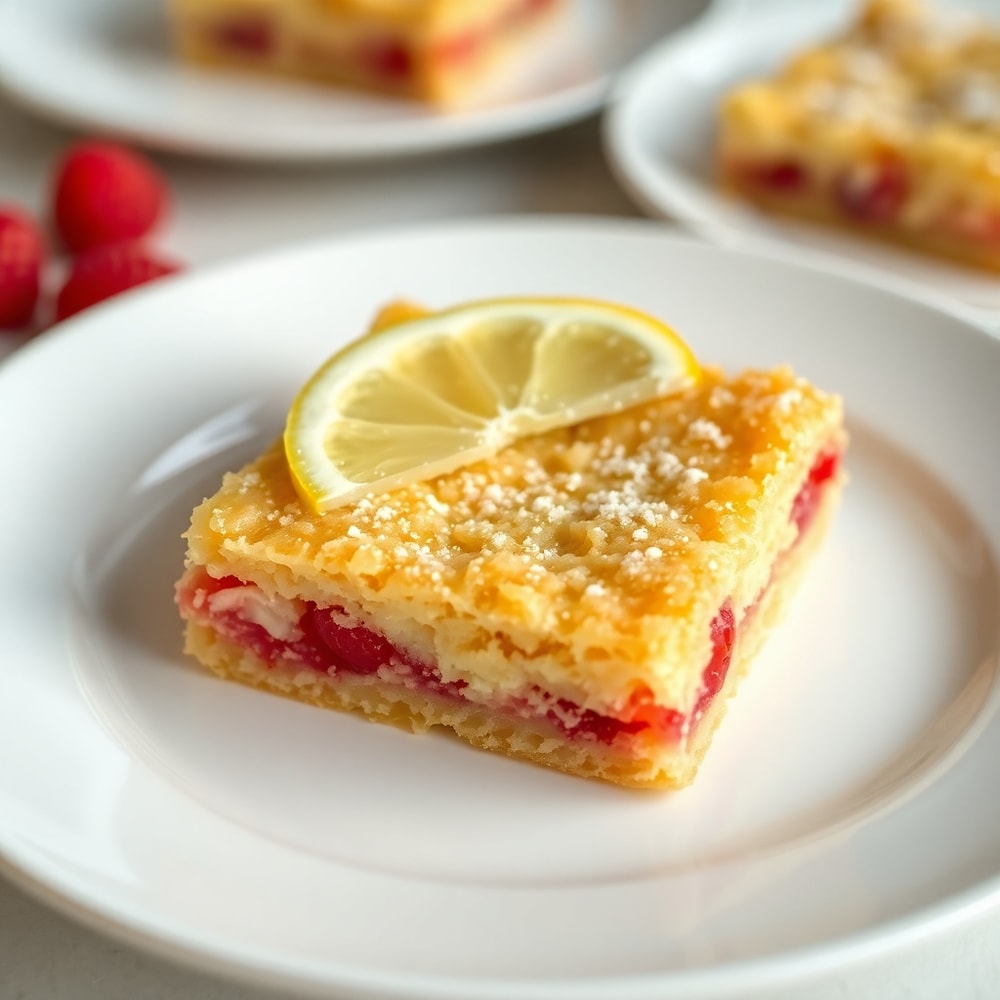 Lemon Raspberry Bars on a white plate with a lemon slice garnish