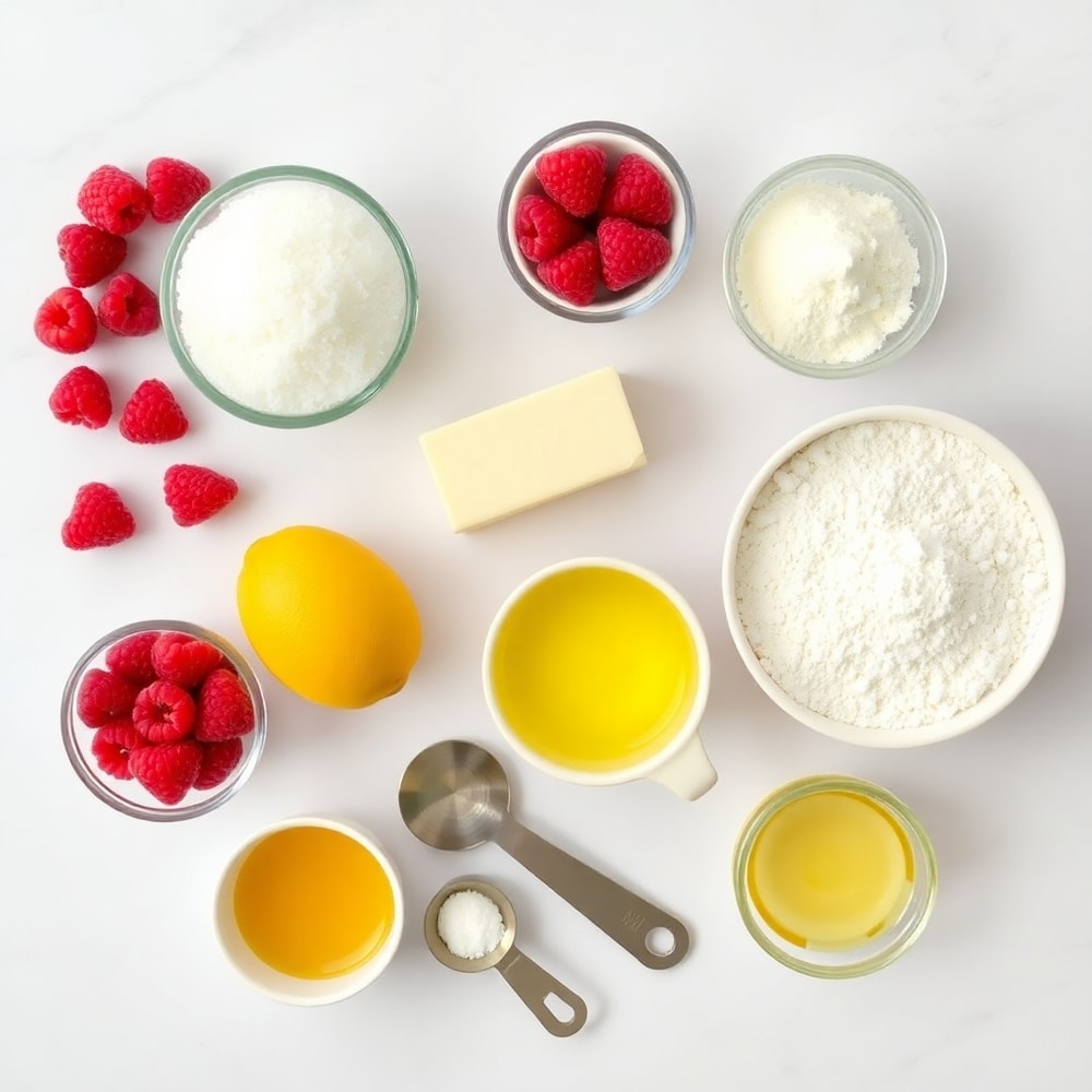 Lemon Raspberry Bars ingredients on a white marble surface