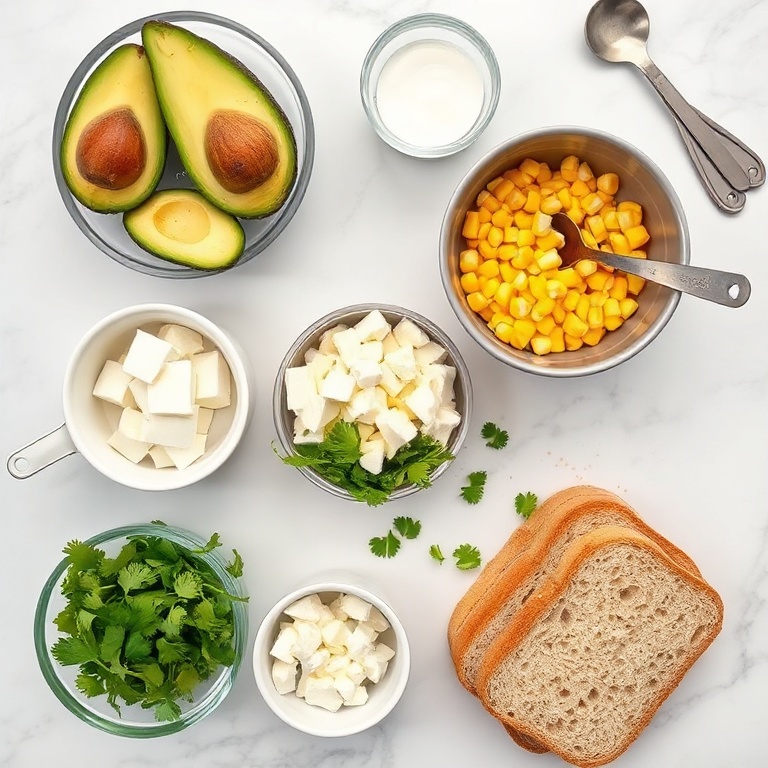 Raw ingredients for Mexican Street Corn Avocado Toast on a white marble surface