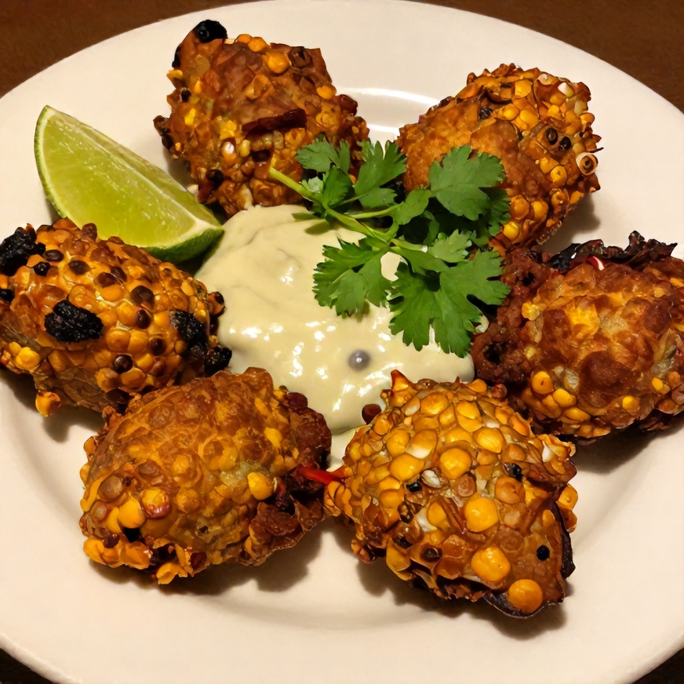 Plated Mexican street corn fritters with spicy lime sauce