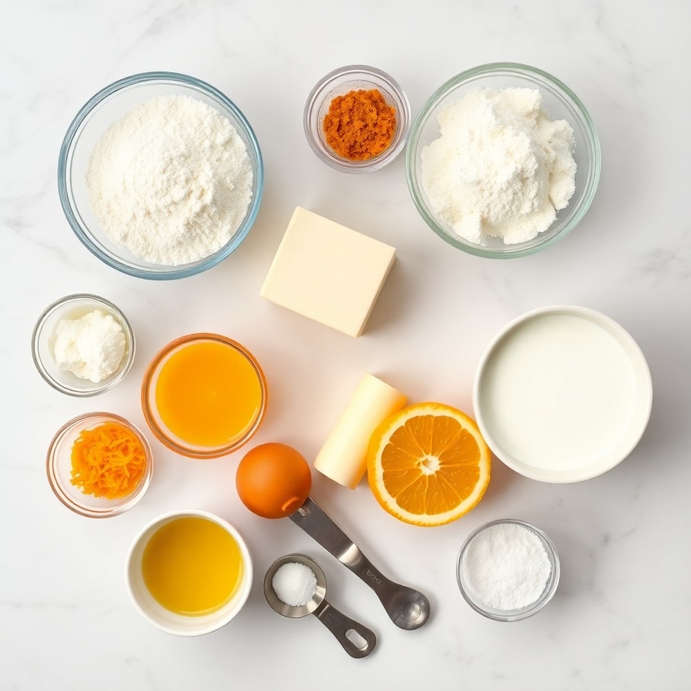 Orange scone cookies ingredients on a marble surface