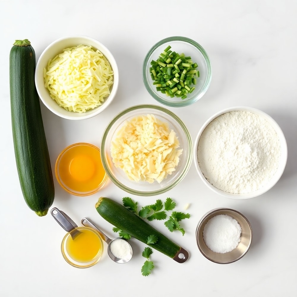Raw ingredients for Crispy Parmesan Zucchini Fritters