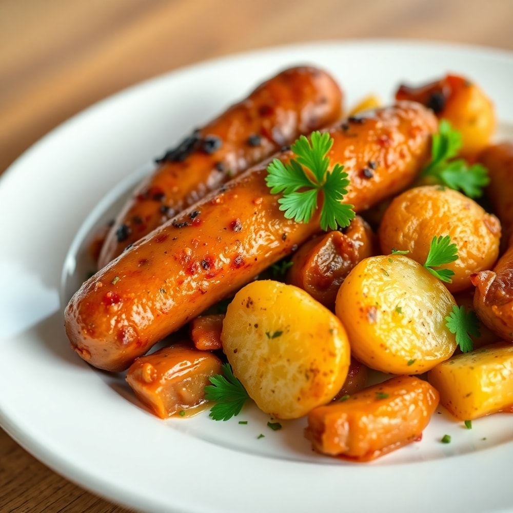 Plated Polish sausage and potato skillet with parsley garnish