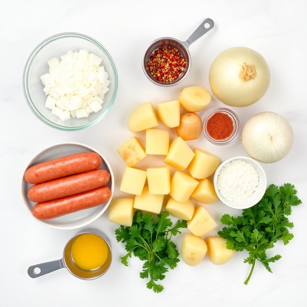 Raw ingredients for Polish sausage and potato skillet