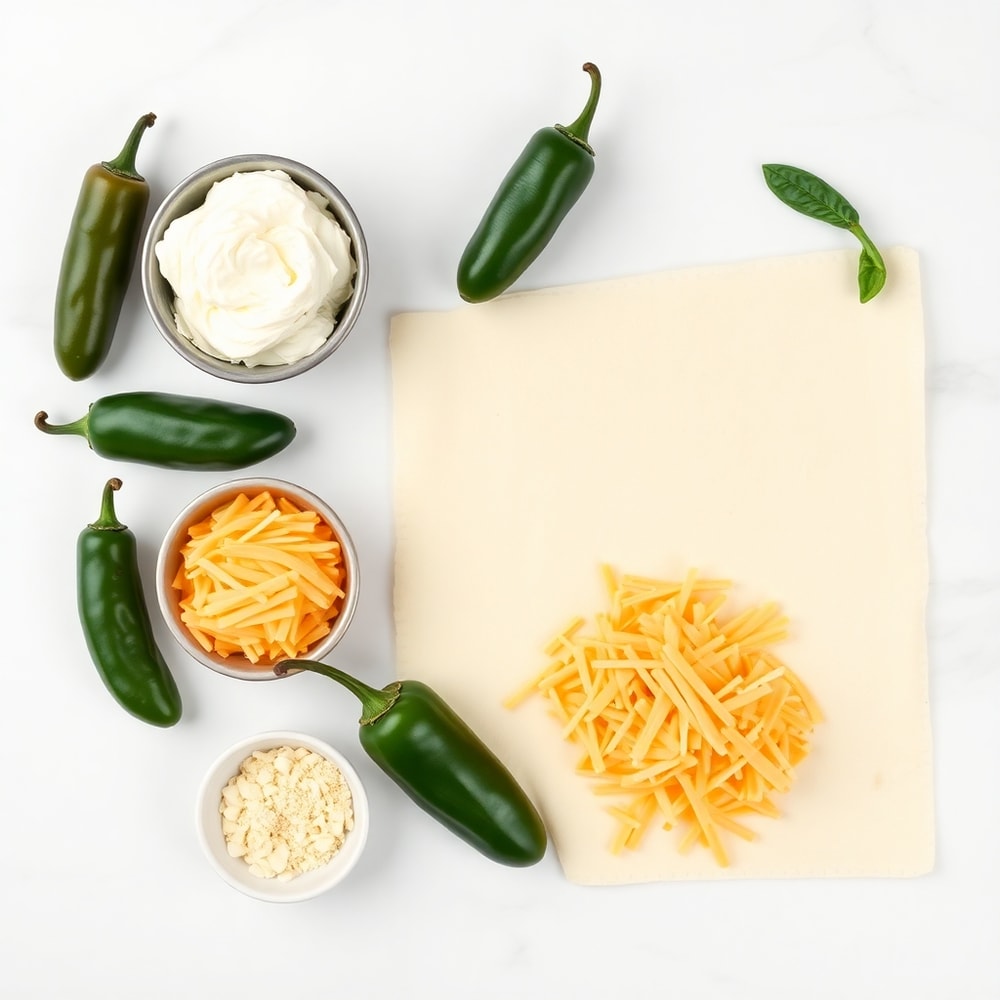 Jalapeño, cream cheese, puff pastry, and other ingredients for jalapeño poppers