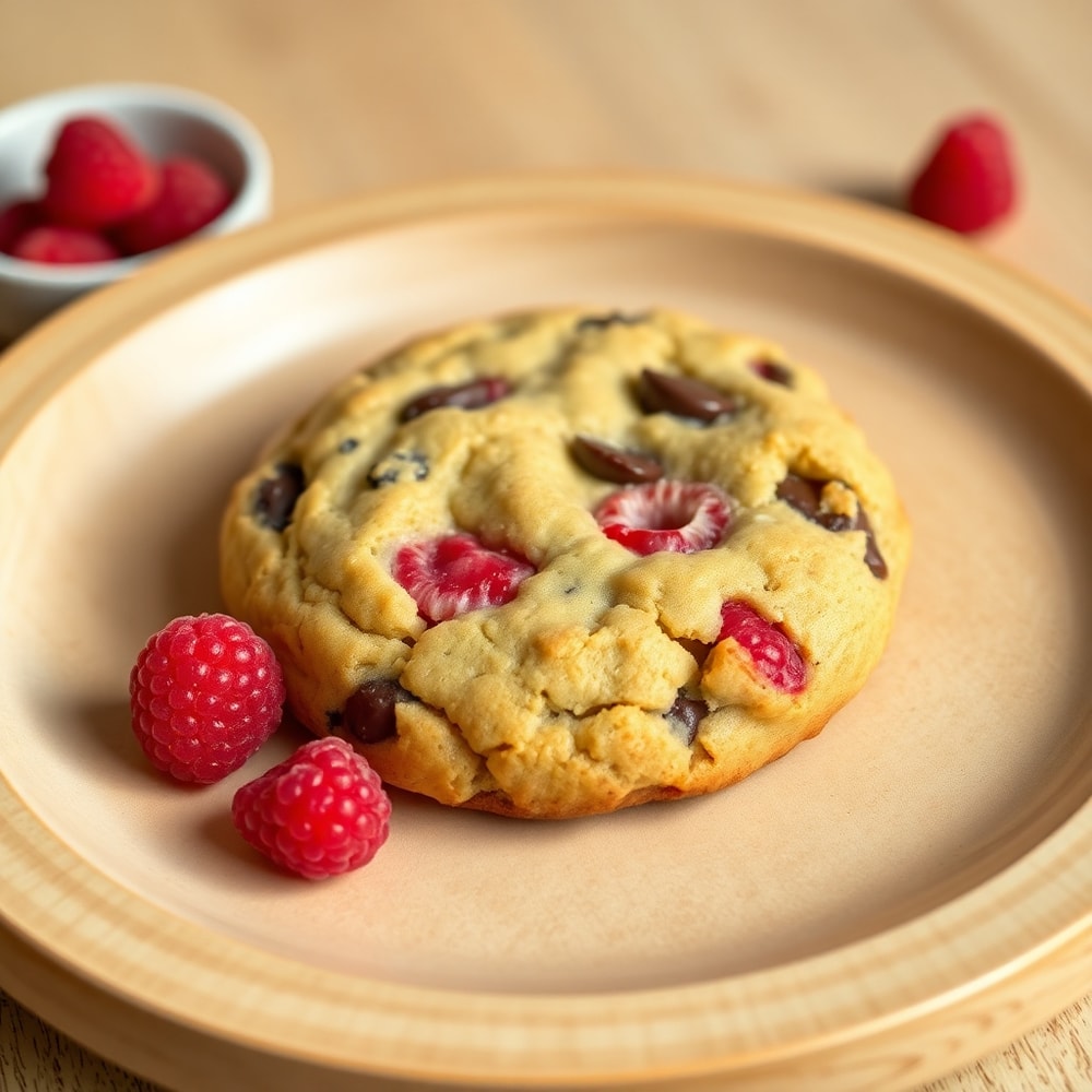 Raspberry Chocolate Chip Cookies on a light wooden plate