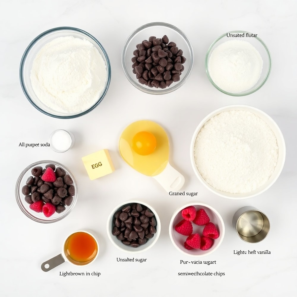 Raspberries, chocolate chips, and dry ingredients for Raspberry Chocolate Chip Cookies