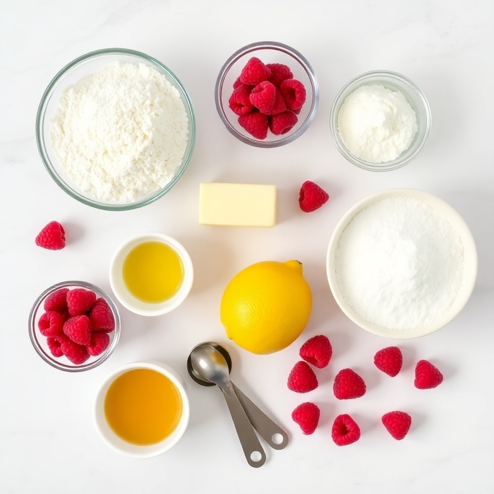 Raspberry Lemon Cookies ingredients on a white marble surface