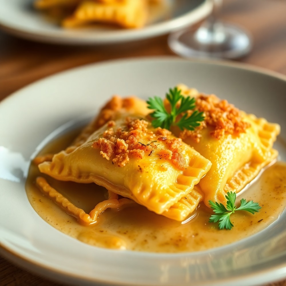 Plated Crispy Ravioli Appetizer with fresh parsley garnish