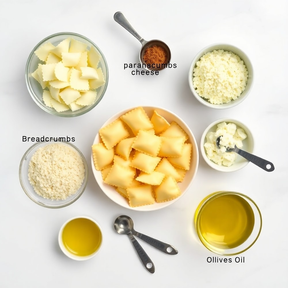 Raw ingredients for Crispy Ravioli Appetizer: cheese ravioli, breadcrumbs, parmesan, garlic, olive oil