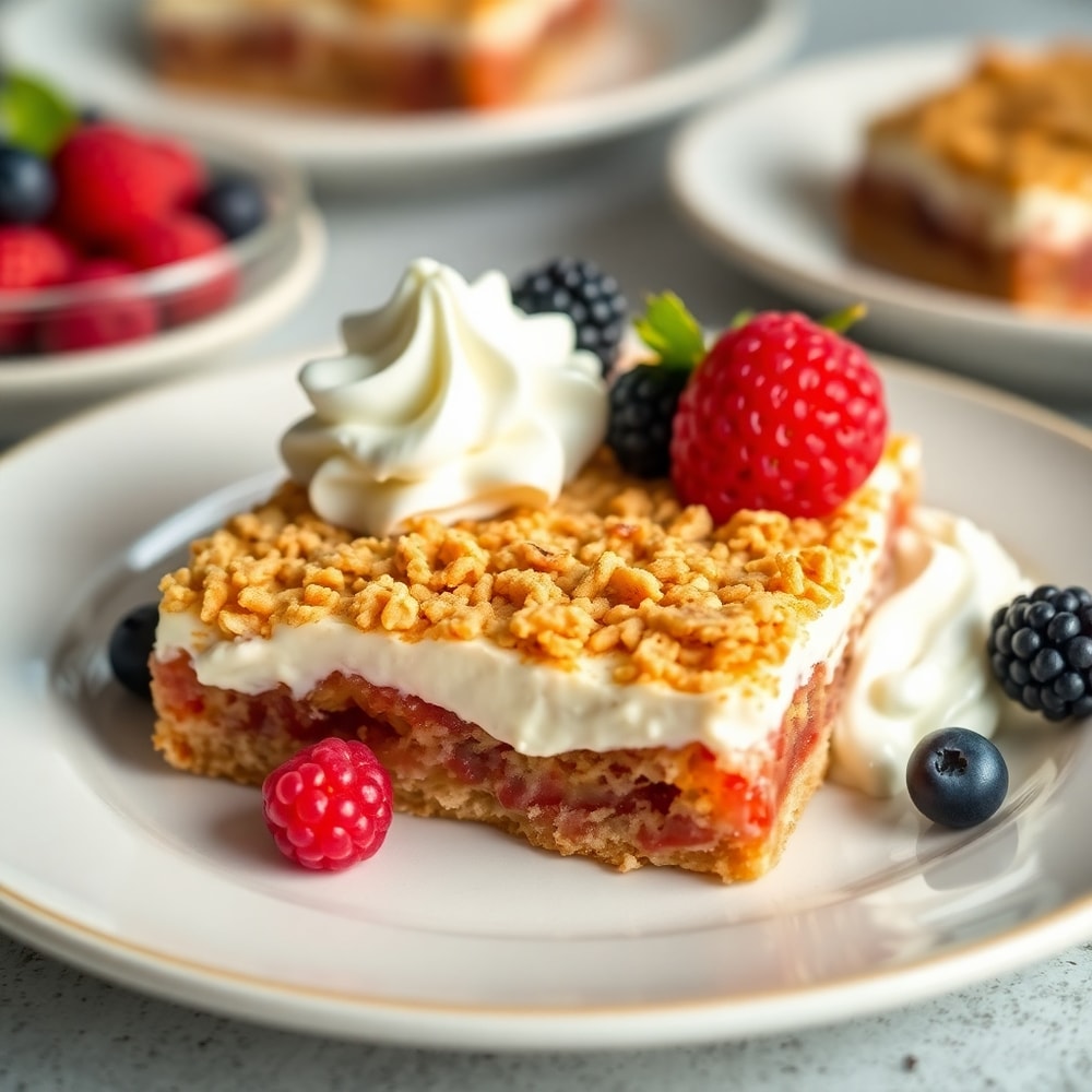 Plated Rhubarb Bars with Cream Cheese Frosting