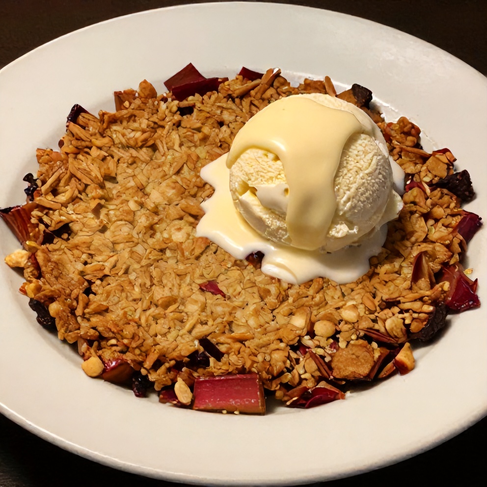 Plated Rhubarb Crisp with scoop of vanilla ice cream