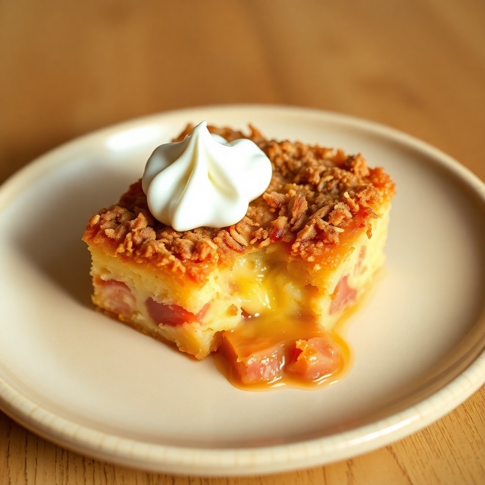 Perfectly baked Rhubarb Pudding Cake with crispy topping and warm, gooey center