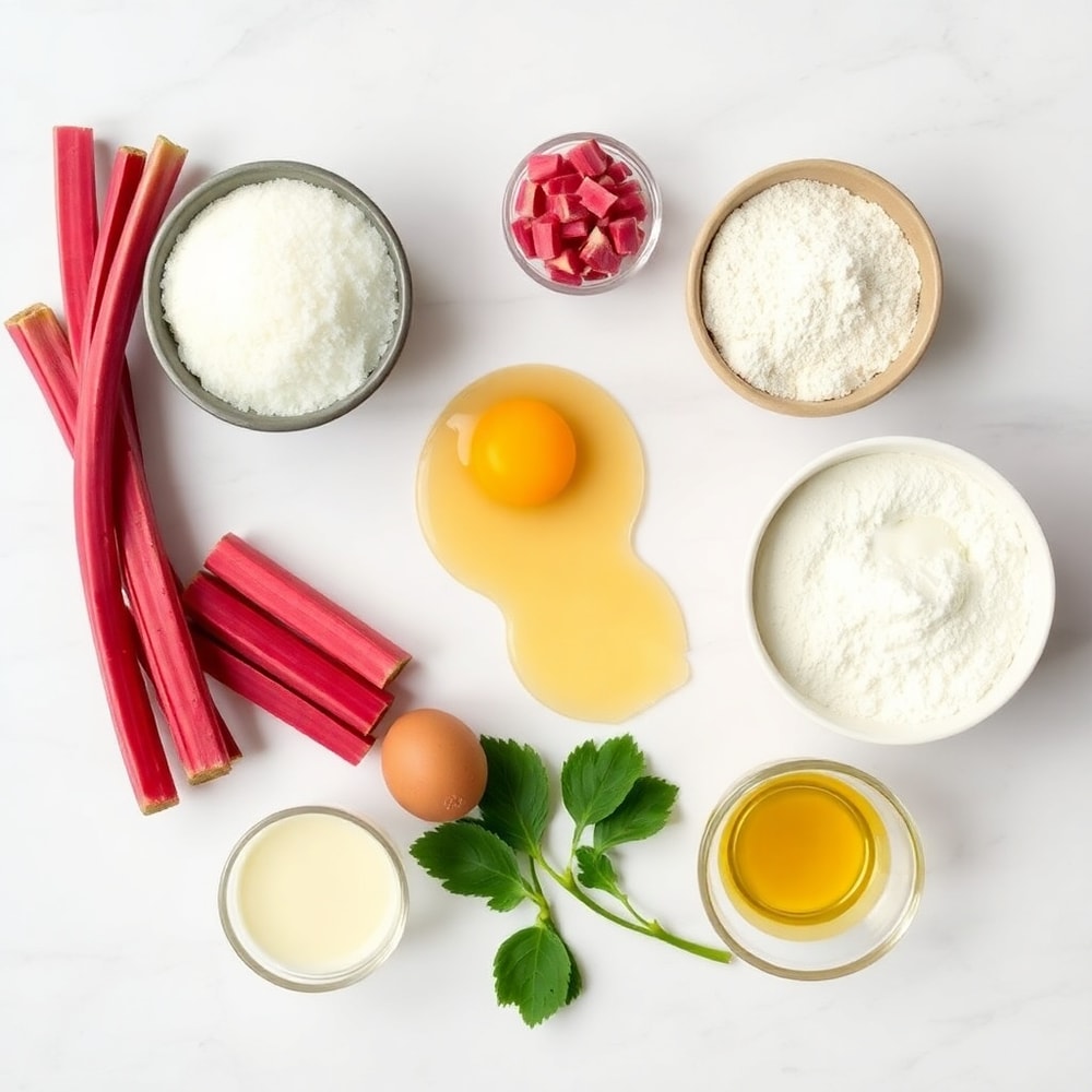 Raw ingredients for Rhubarb Pudding Cake including rhubarb, sugar, and flour