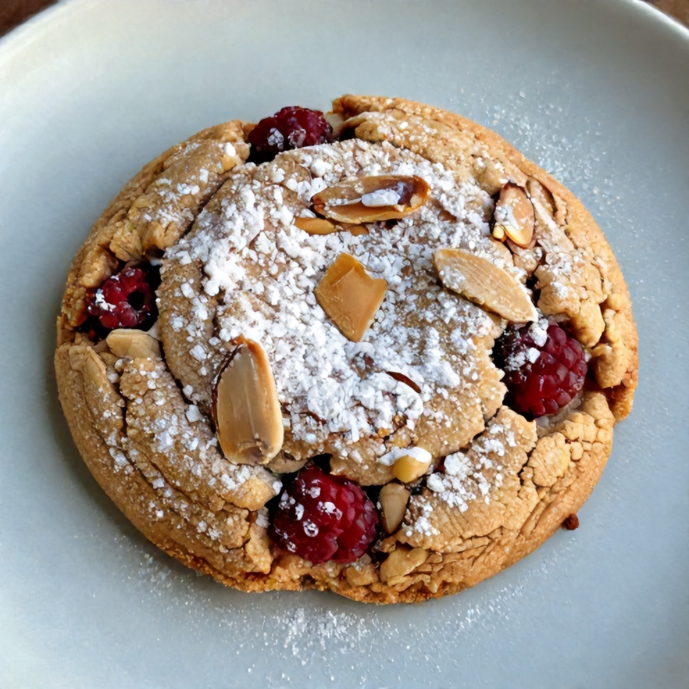 A single rhubarb raspberry cookie on a light blue plate