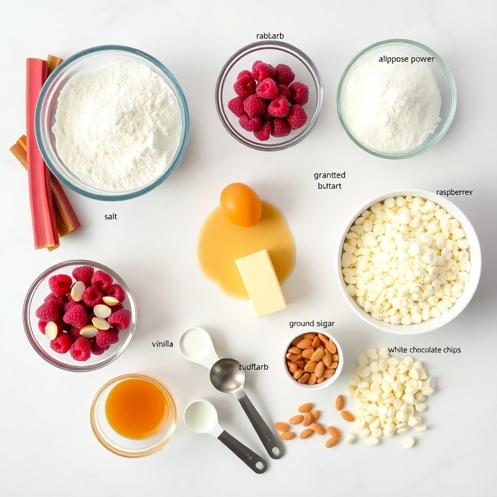 Raw ingredients for rhubarb raspberry cookies on a white marble surface