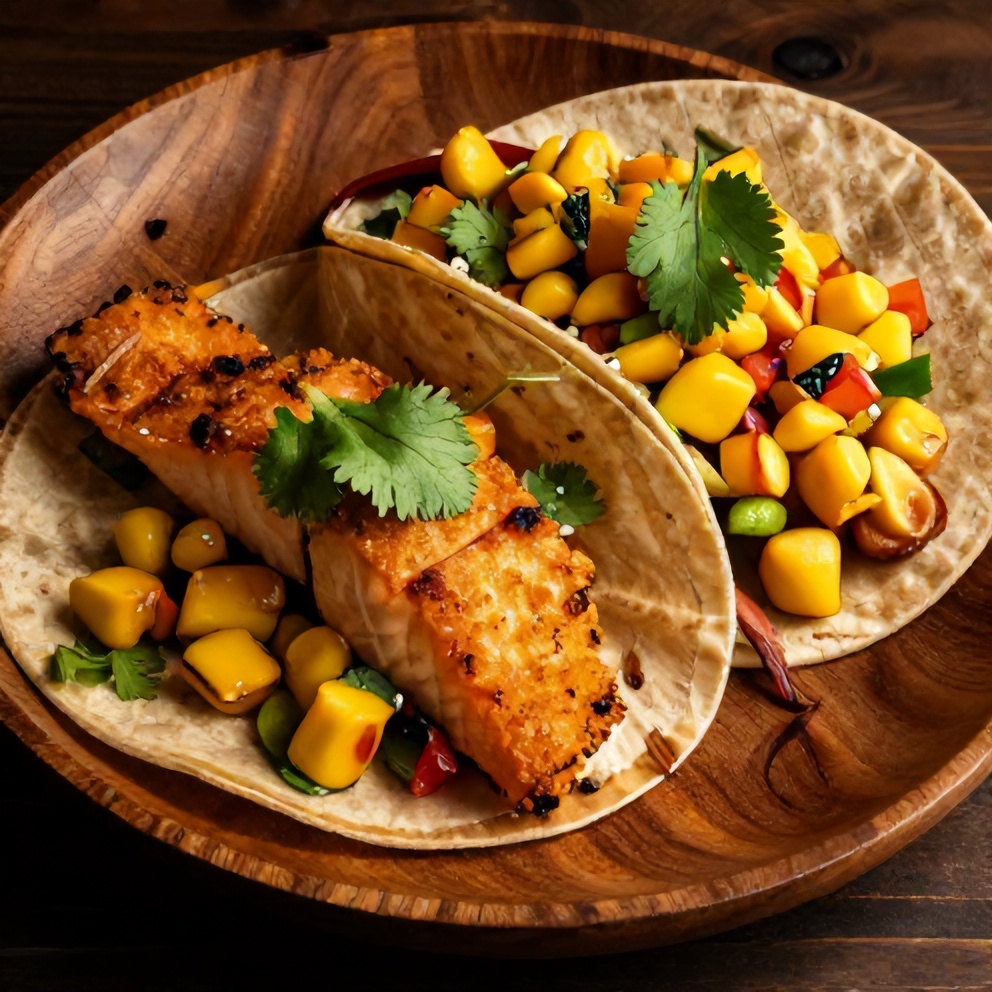 Plated salmon tacos with mango corn salsa
