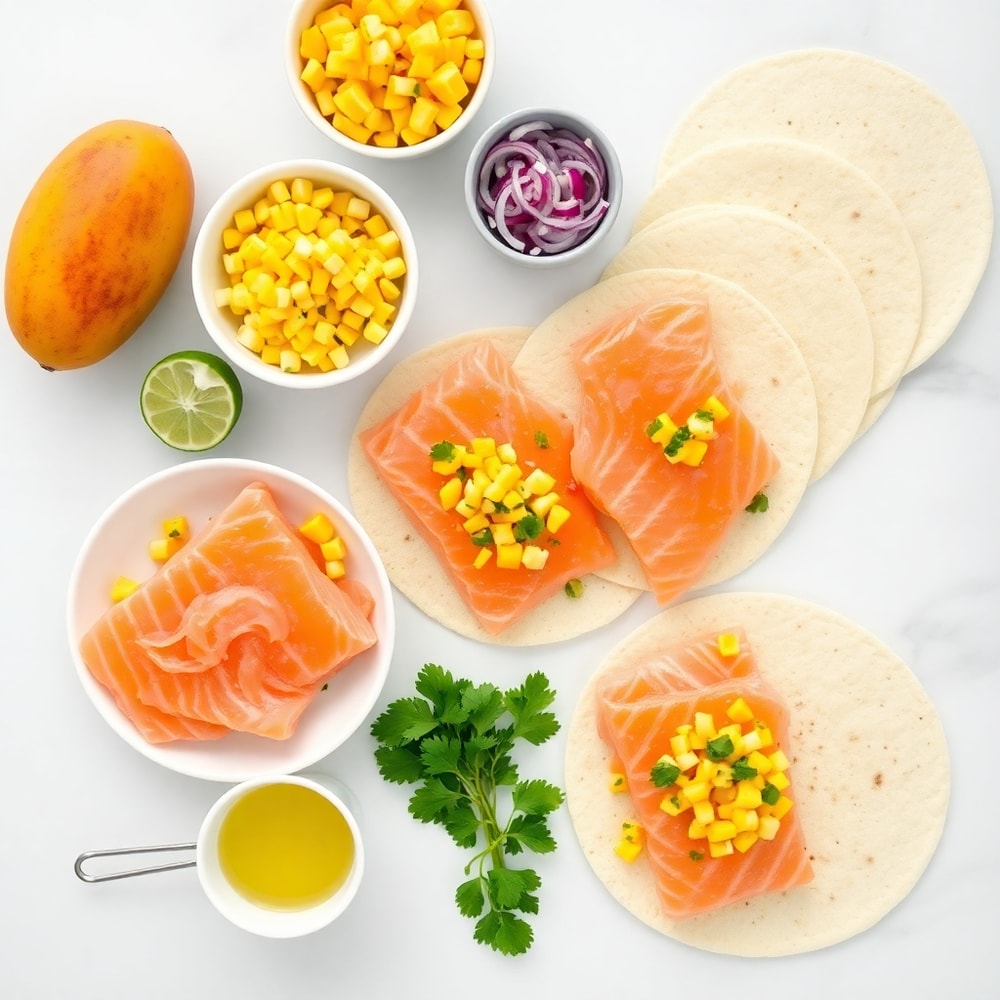 Raw ingredients for salmon tacos with mango corn salsa