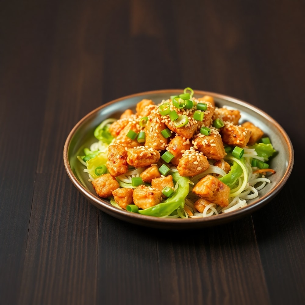 Plated Crispy Sesame Chicken Salad with sesame seeds and green onions
