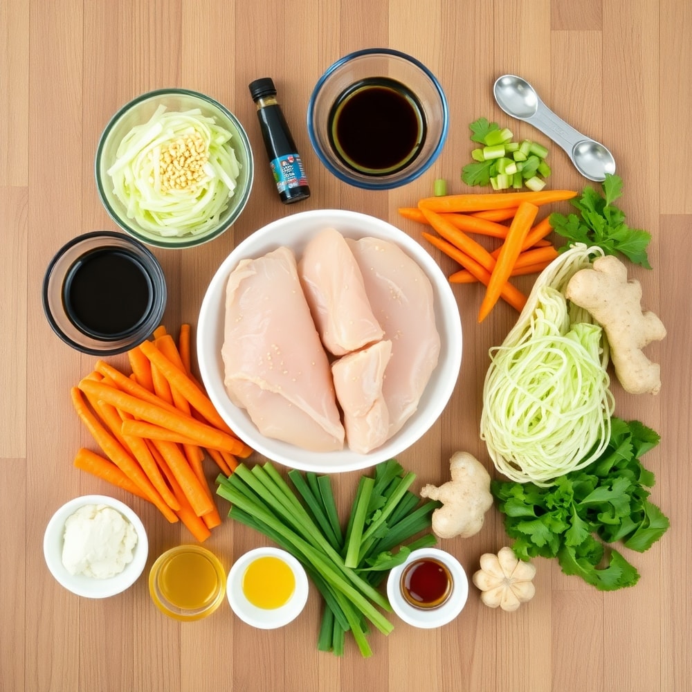 Raw ingredients for Crispy Sesame Chicken Salad on a wooden surface