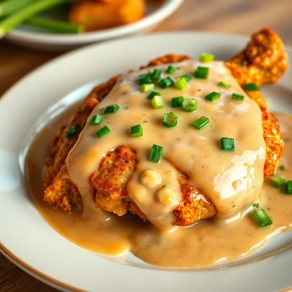 Plated serving of smothered chicken