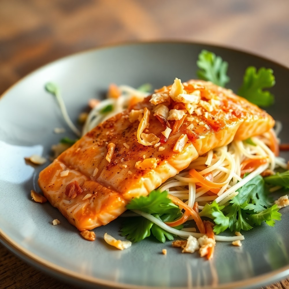 Plated crispy Thai-style salmon salad