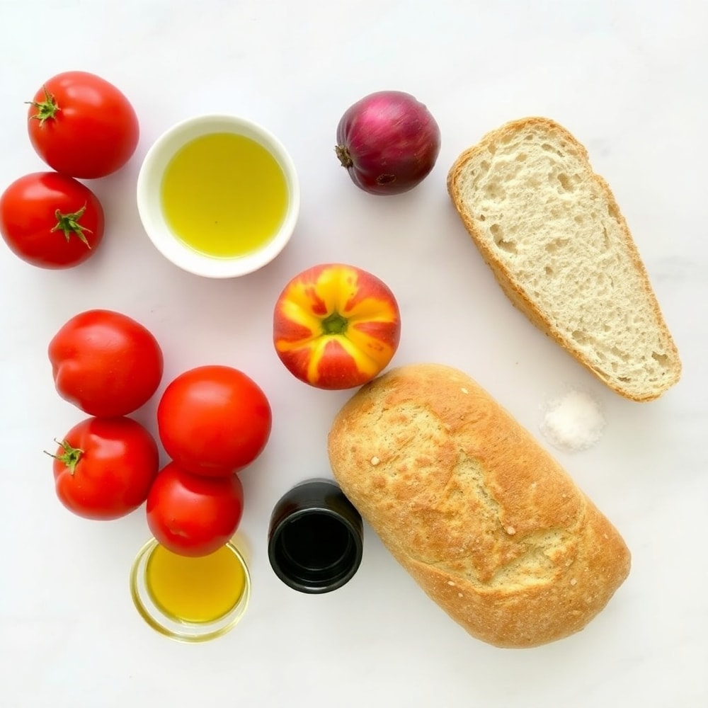 Raw ingredients for Tomato and Peach Panzanella Salad