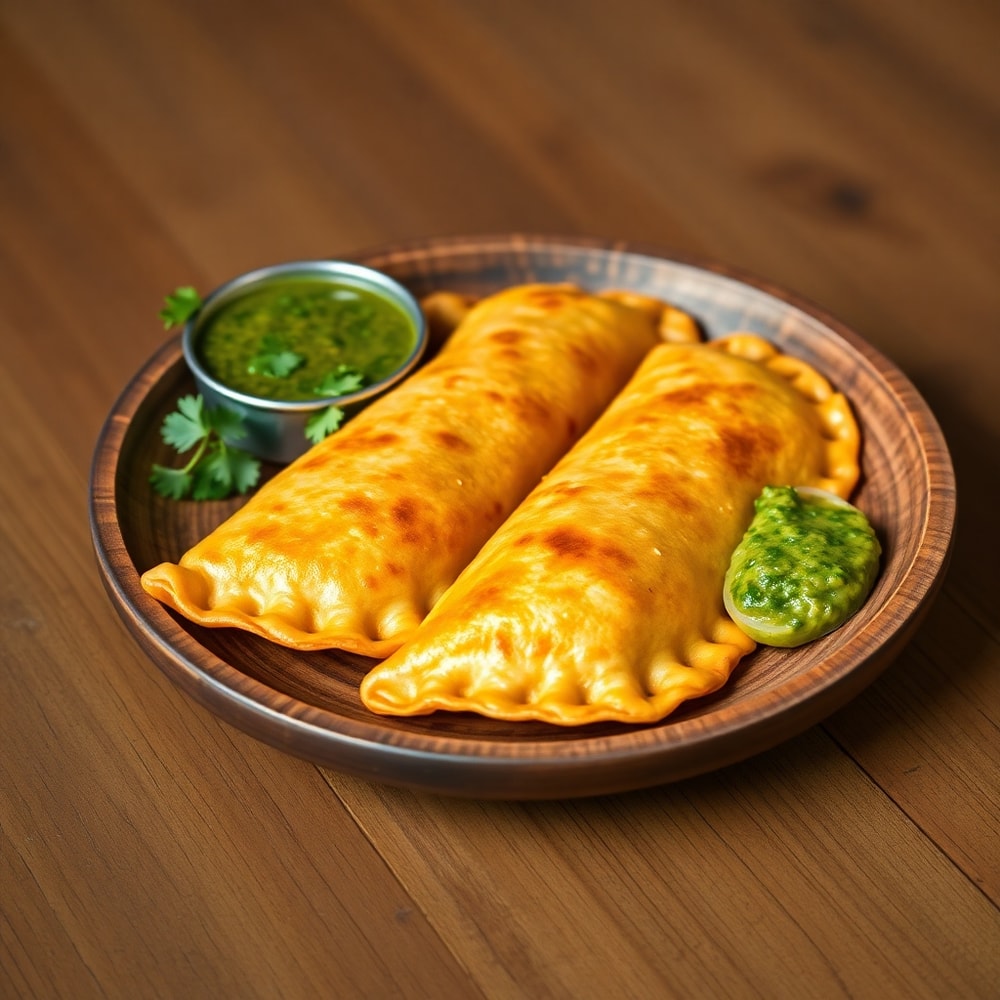 Vegan lentil empanadas on a rustic plate with chimichurri sauce
