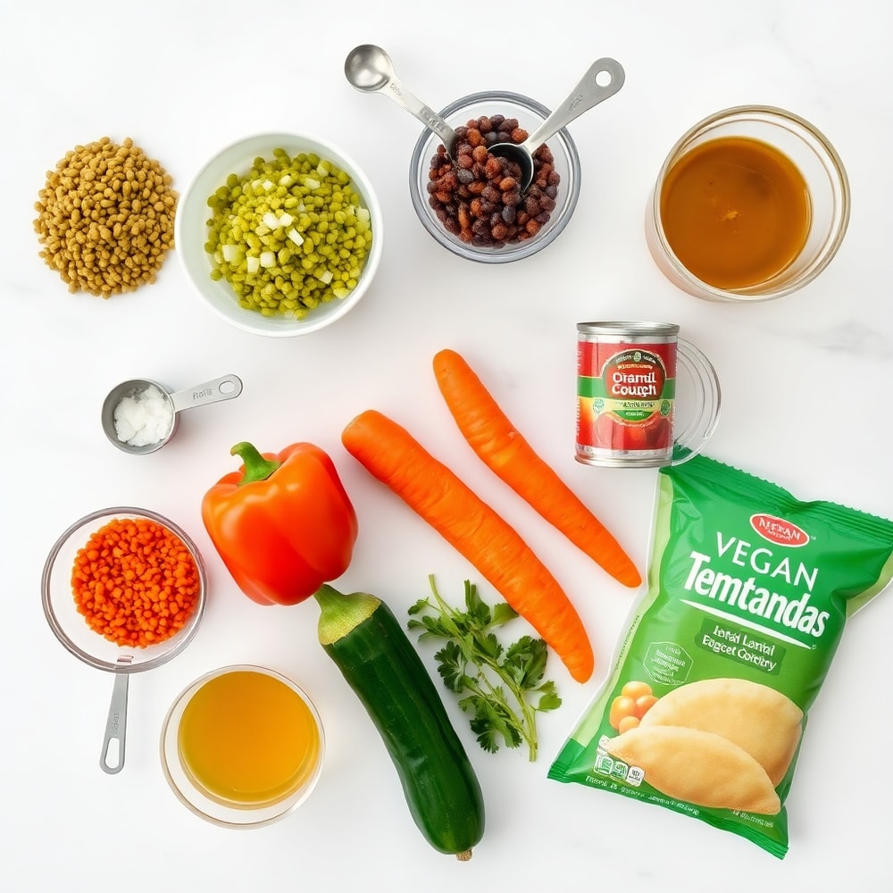 Raw ingredients for vegan lentil empanadas on a white marble surface
